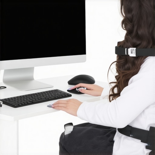 Individual wearing a posture sensor at their workspace with mobility tools around