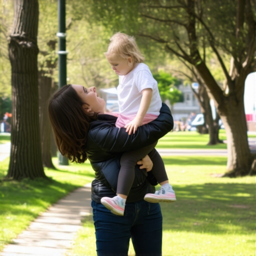 Parent lifting child with correct posture to protect hips and back.