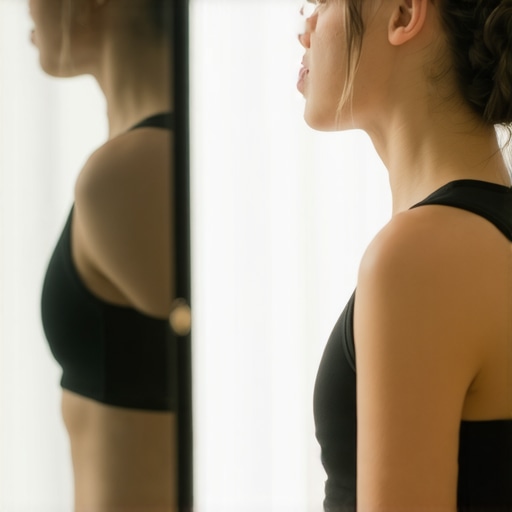 Person sitting upright, performing a chin tuck in front of a mirror to improve neck alignment.