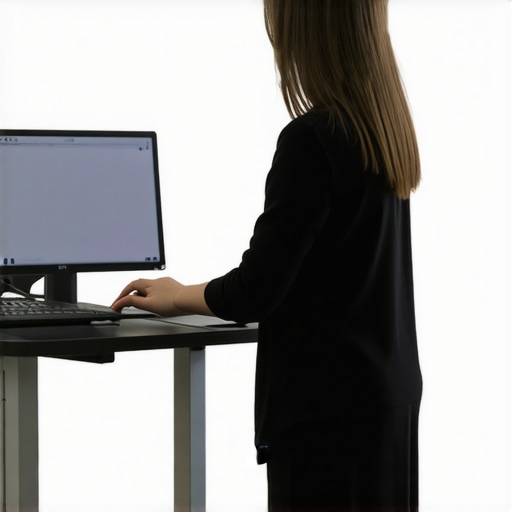 Proper Ergonomic Standing Desk Setup Individual adjusting their standing desk for ergonomic posture