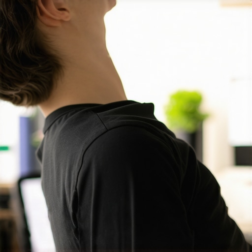 Person stretching neck muscles while sitting at desk