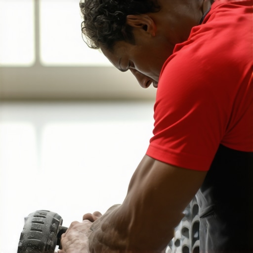 Person performing foam rolling on lower back with foam roller in gym setting.