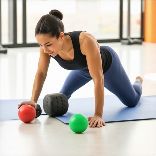 A person rolling their hamstrings with a foam roller and using massage balls to release fascia.