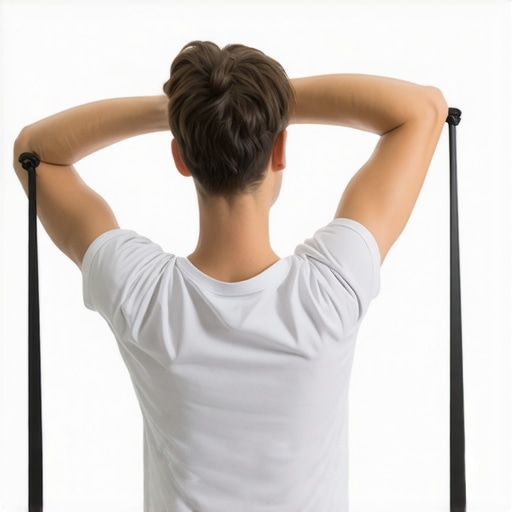 Person performing shoulder blade squeeze with resistance band to improve posture.
