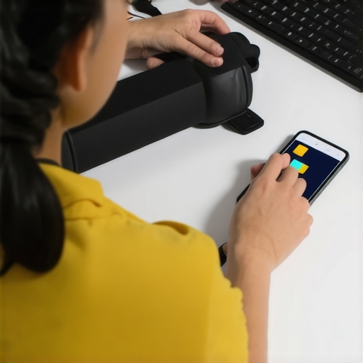 Person adjusting lumbar support roll while seated at desk with mobile reminder