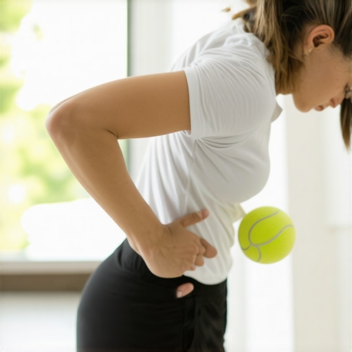 Person pressing tennis ball into side muscles during back tension relief