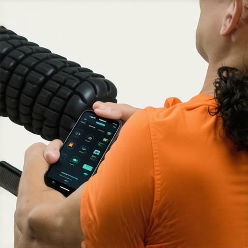 Using Tools for Back Health Individual rolling out their back with a foam roller and monitoring posture with a mobile app