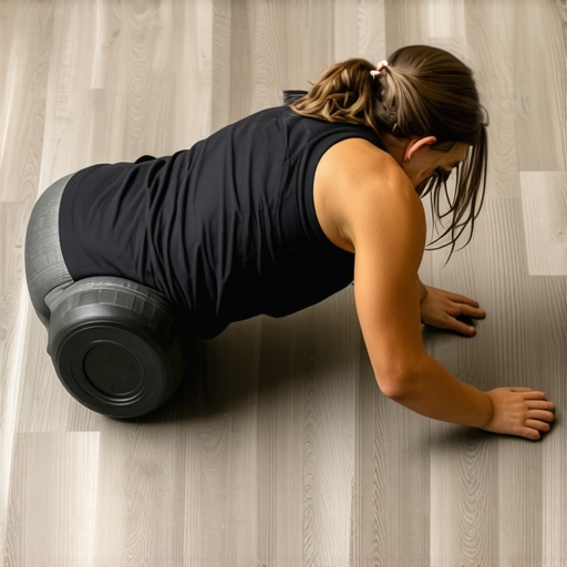 Person rolling out back muscles with a foam roller at home.
