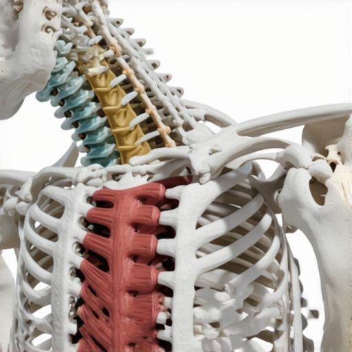 Anatomical view of the mid-back showing how nerves and ribs interact near the spine.