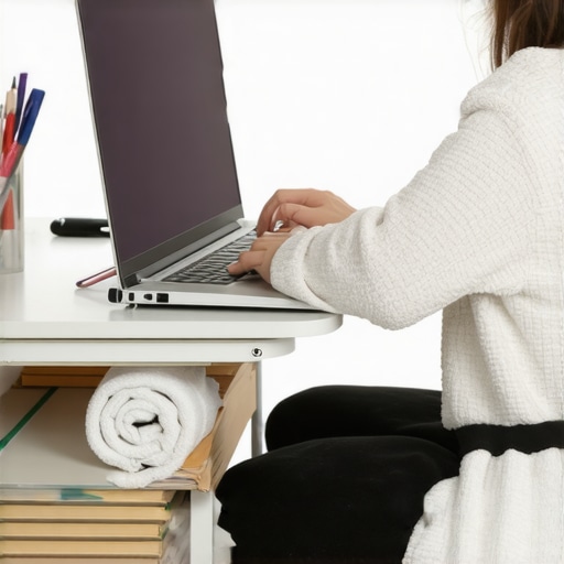 A laptop on a stack of books and a rolled towel used for lumbar support in a home office.