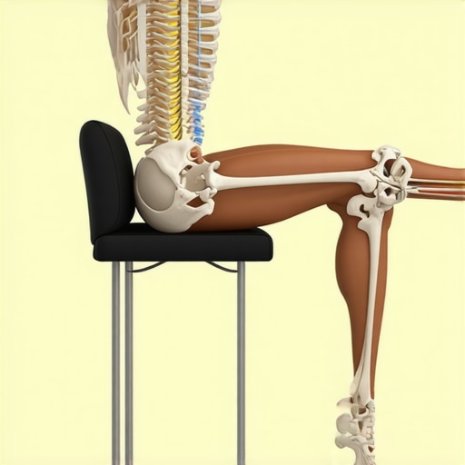 Diagram showing how sitting posture affects the lumbar spine and sciatic nerve