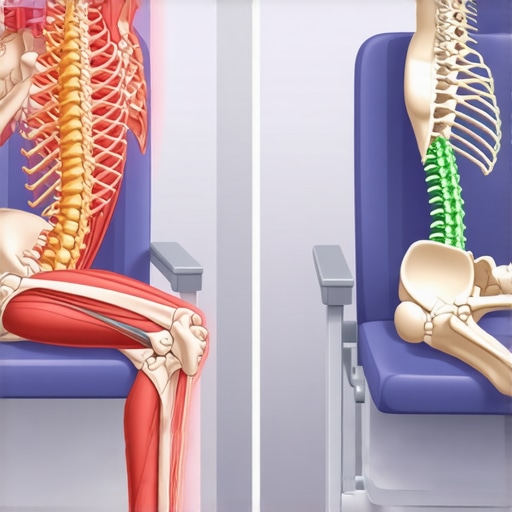 Illustration of spinal tension differences between rigid posture and neutral alignment while sitting.