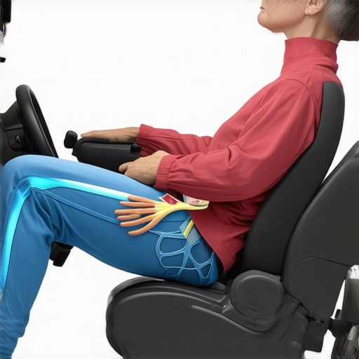 Diagram showing a driver with proper seat height and distance to prevent lower back pain.