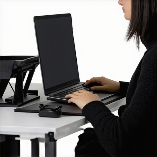 Side view of a person using a laptop stand, external keyboard, and footrest for proper ergonomic posture.