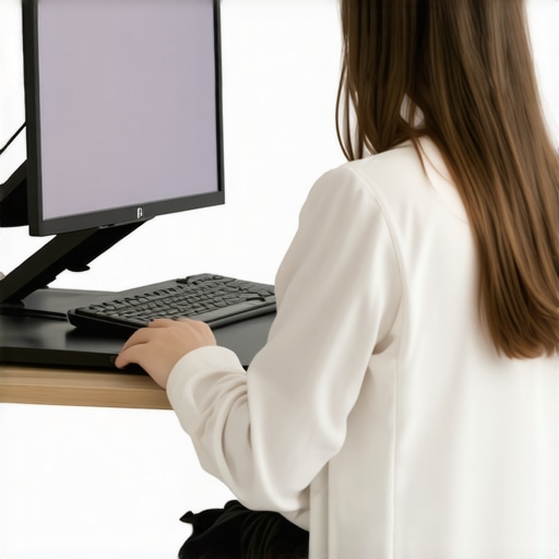 Correct Ergonomic Laptop Setup with Stand A person demonstrating perfect posture with an elevated laptop stand and external keyboard to prevent neck pain.