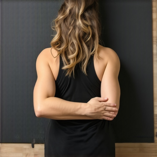 Person demonstrating the self-hug foam rolling technique for thoracic spine mobility