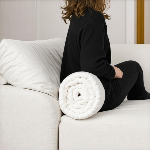 A person using a rolled blanket as a lumbar support on a sofa to maintain proper spinal alignment.