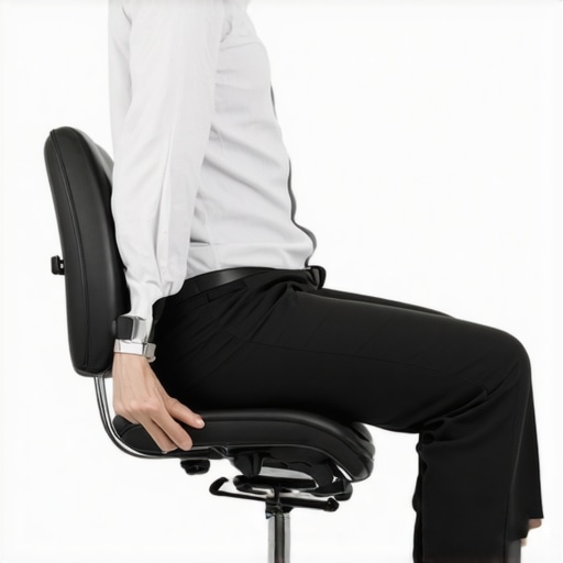 Professional performing a seated hip stretch on the edge of an office chair for back pain relief.