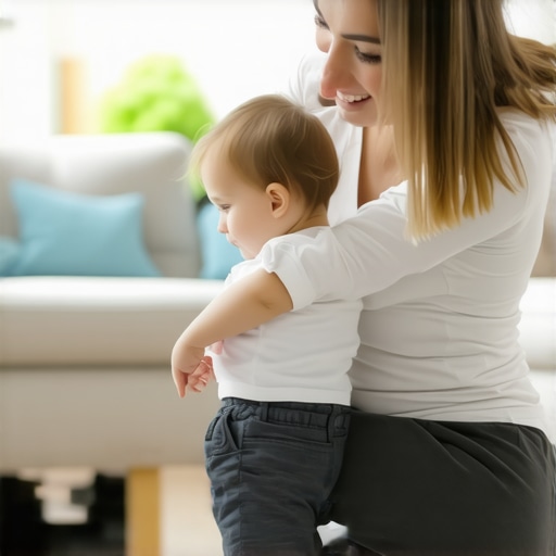 A parent squatting with a neutral spine to safely lift a child