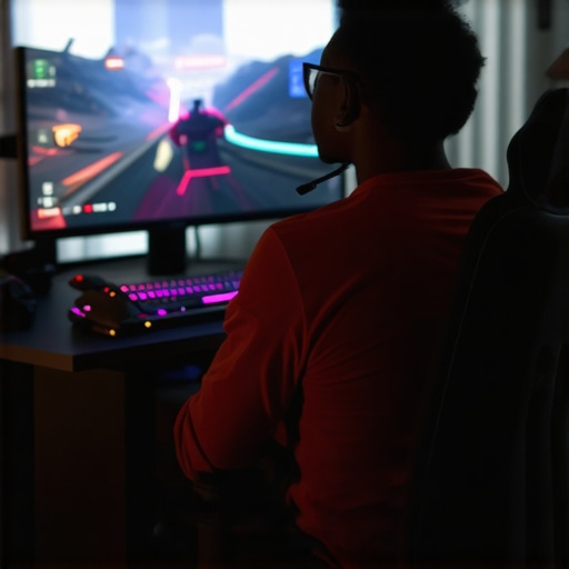 A person performing a chin tuck exercise at a computer desk to improve neck posture.