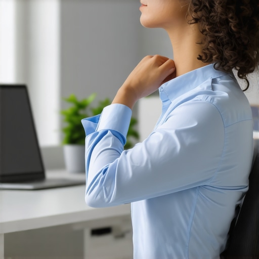 Man performing subtle chin tuck to activate deep neck flexors for posture correction.