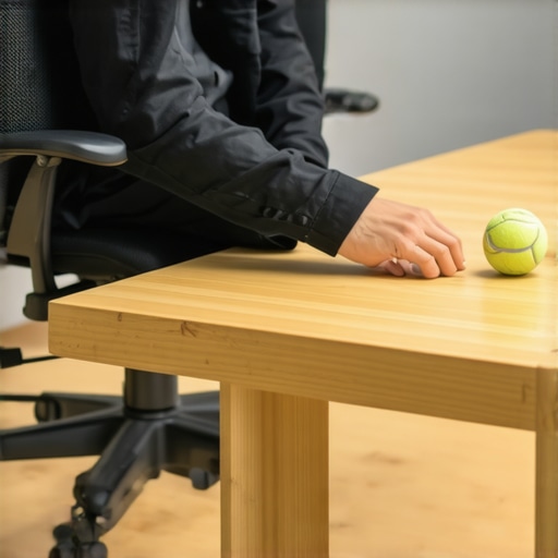 A person using a tennis ball and towel hack for better posture while working at a desk.