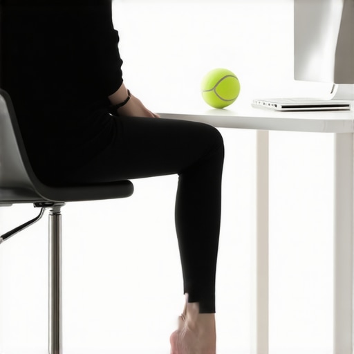 Home office ergonomic setup with tennis ball for foot tension