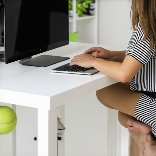 A person using a laptop stand and a tennis ball for foot reflexology at a desk.