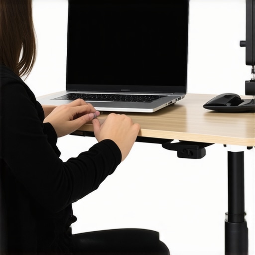 A person sitting at a desk with a laptop on a riser to maintain neutral posture and prevent back pain.