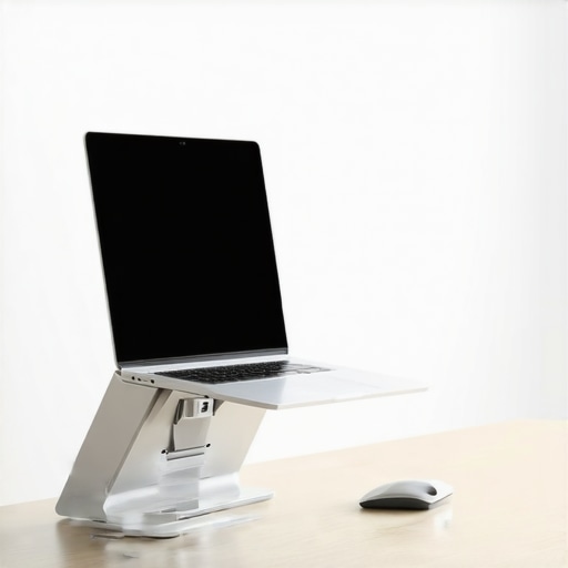 A laptop on a stand with an external keyboard and vertical mouse to improve posture and reduce back pain.