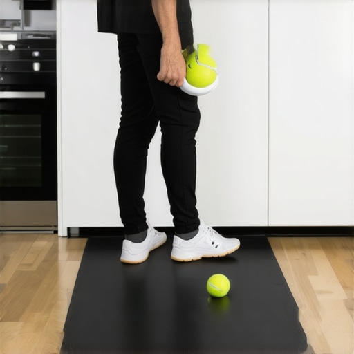 Person using a tennis ball for foot mobility and an anti-fatigue mat in the kitchen.