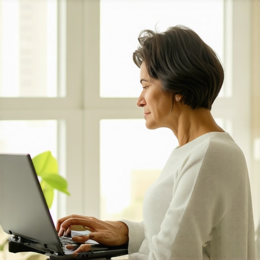 A person using a laptop riser and external keyboard to maintain a neutral spine and prevent back pain.