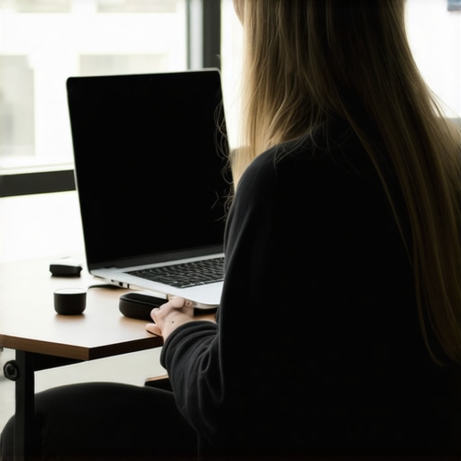 Person using a laptop stand and external keyboard for better neck posture