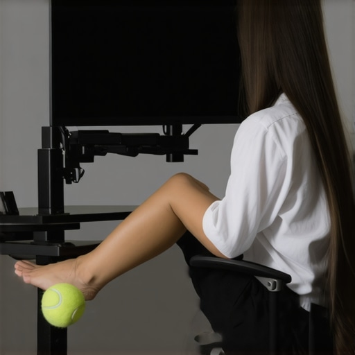 Person using a monitor arm and a tennis ball for foot release to maintain posture