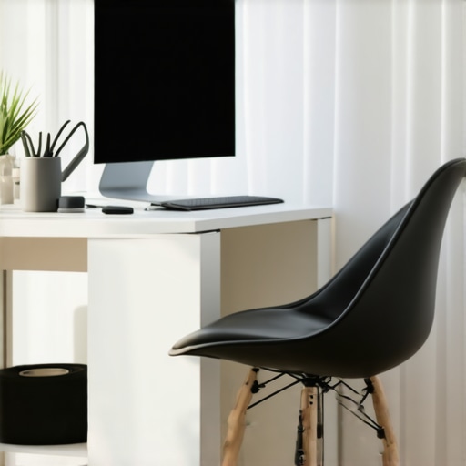 A clean ergonomic workspace with a monitor stand and foam roller for spinal maintenance.