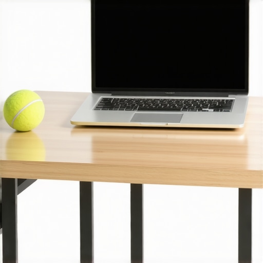 A laptop on an adjustable riser with a tennis ball on a desk used for back pain relief exercises.