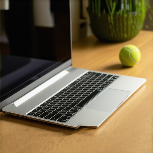 A laptop on a stand at eye level with a tennis ball on the desk, illustrating ergonomic tools for back health.