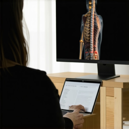 Person using a monitor stand and mirror hack for better posture at a desk
