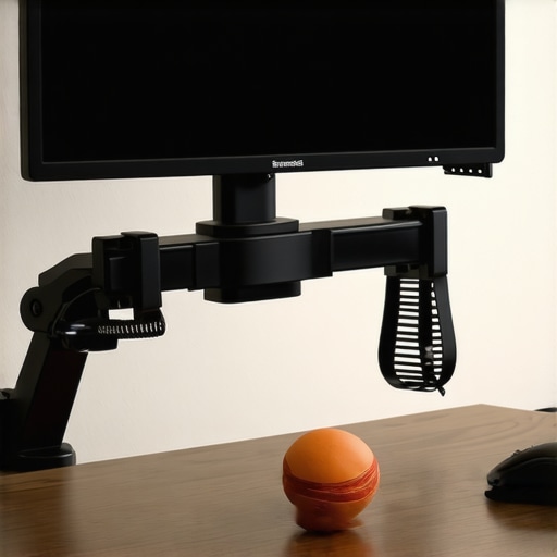 A monitor arm and a lacrosse ball on a desk used for posture maintenance.
