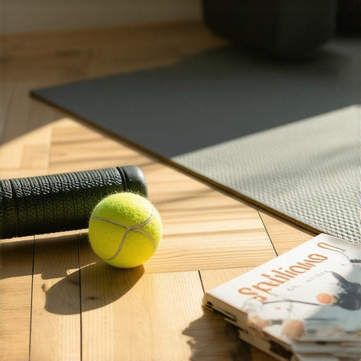 A tennis ball and foam roller on a yoga mat for relieving parenting-related back pain.
