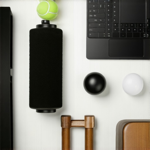 A collection of physical therapy tools like a foam roller and tennis ball next to ergonomic office gear.