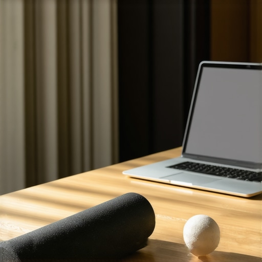 High-density foam roller and lacrosse ball used for daily spinal mobility and posture maintenance.