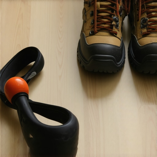 Essential Spinal Recovery Tools for Hikers Close up of a peanut mobility tool and yoga strap next to hiking boots for back recovery.