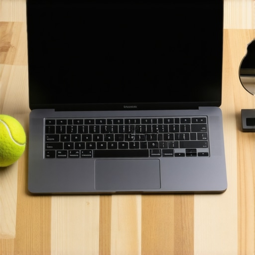 A desk showing a tennis ball and a small monitor mirror used for posture maintenance.