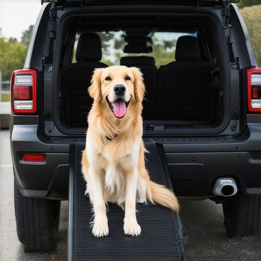 A black folding dog ramp for helping pets enter a car safely to protect the owner's back.