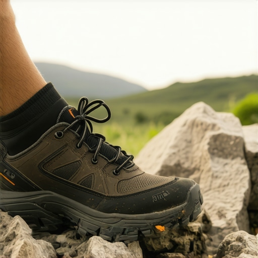Foot Mechanics and Spinal Health Close up of a hiker's foot showing toe extension on a mountain trail.