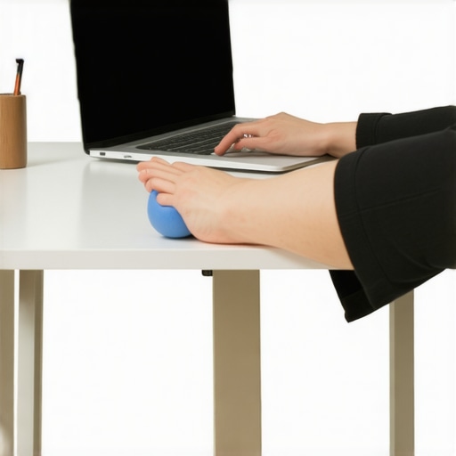 Person using a lacrosse ball for foot mobility while working at an ergonomic desk setup.