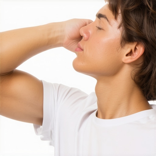 Man performing a lateral isometric neck exercise for morning stiffness relief.