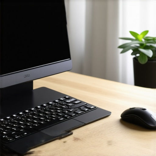 A portable laptop stand elevating a screen to eye level with an external wireless keyboard on a wooden desk.