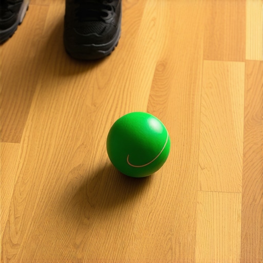 Person using a lacrosse ball for foot and back tension relief at a desk